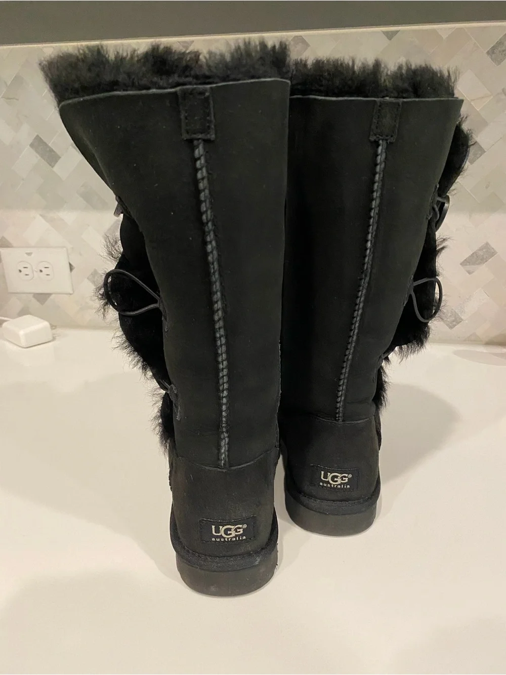 UGG Black Button-Trim Tall Shearling Boots, Size 7